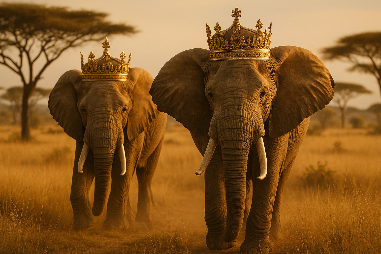 ultra realistic elephants in african safari with golden crowns on
